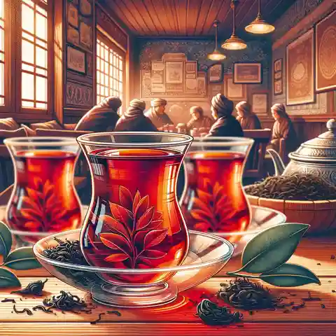 Health Benefits and Side Effects of Turkish Black Tea - An illustration showcasing a warm, inviting scene of a traditional Turkish tea