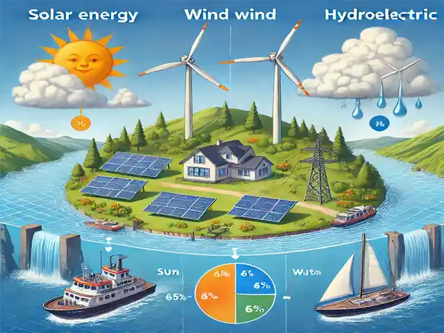 A comparison chart showing solar energy versus wind and hydroelectric power, highlighting differences in sun, wind, and water usage