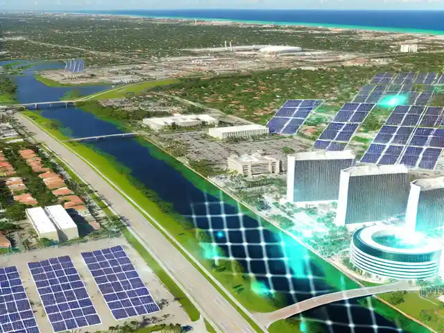 A futuristic depiction of South Florida with widespread use of solar panels on homes and public buildings, showcasing advanced solar