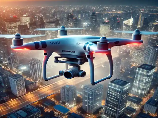 Commercial Drone Insurance Coverage - Aerial view image of a commercial drone flying over a cityscape