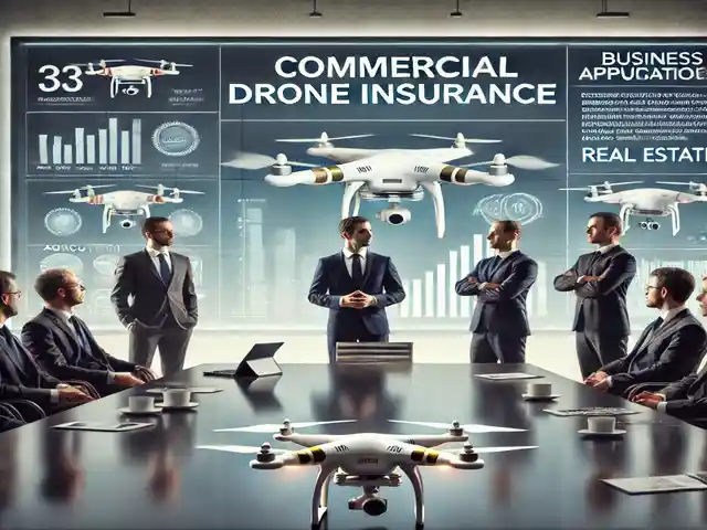 Commercial Drone Insurance Coverage - Business professionals in a conference room, discussing commercial drone insurance policies