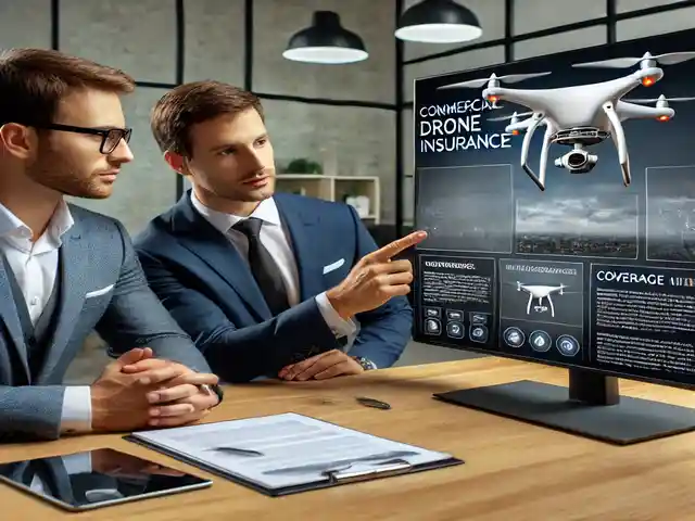 Commercial Drone Insurance Coverage - Insurance agent presenting commercial drone insurance options to a male business owner