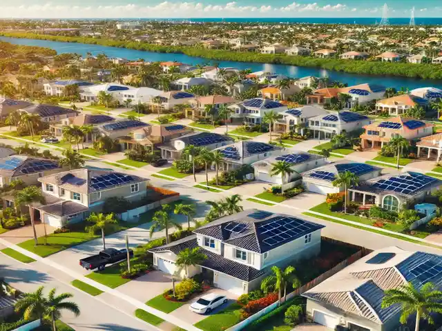 Solar Energy in South Florida - A sunny South Florida neighborhood with houses equipped with solar panels on the roofs